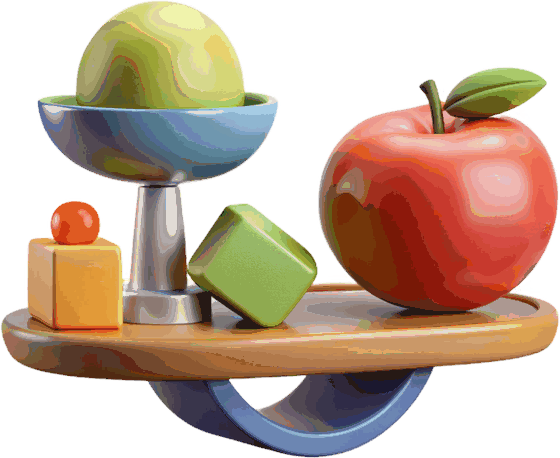 A balance scale holding an apple and coloured blocks