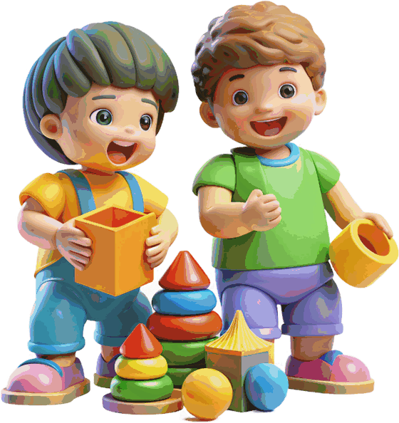 Two children playing with stacking toys and blocks