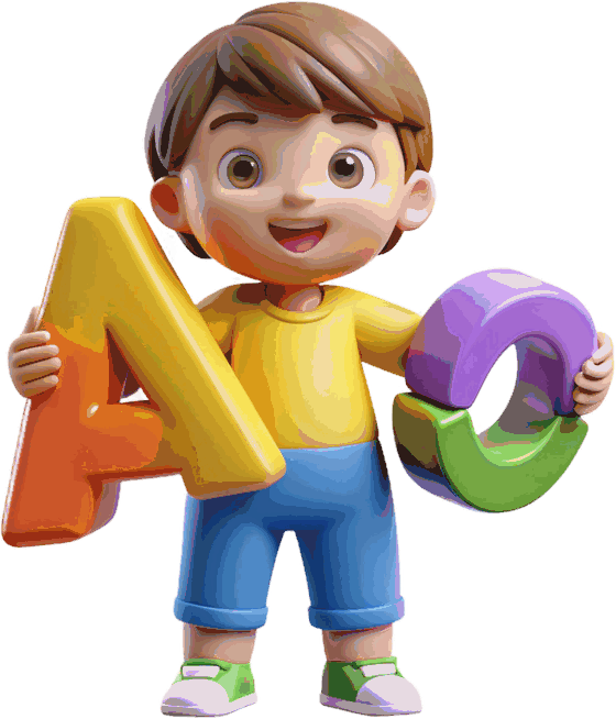 A cheerful child holding large letter blocks