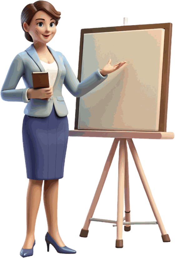 A teacher standing beside a classroom easel