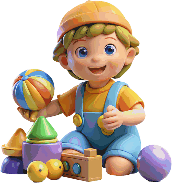 A child playing with a ball and coloured building blocks